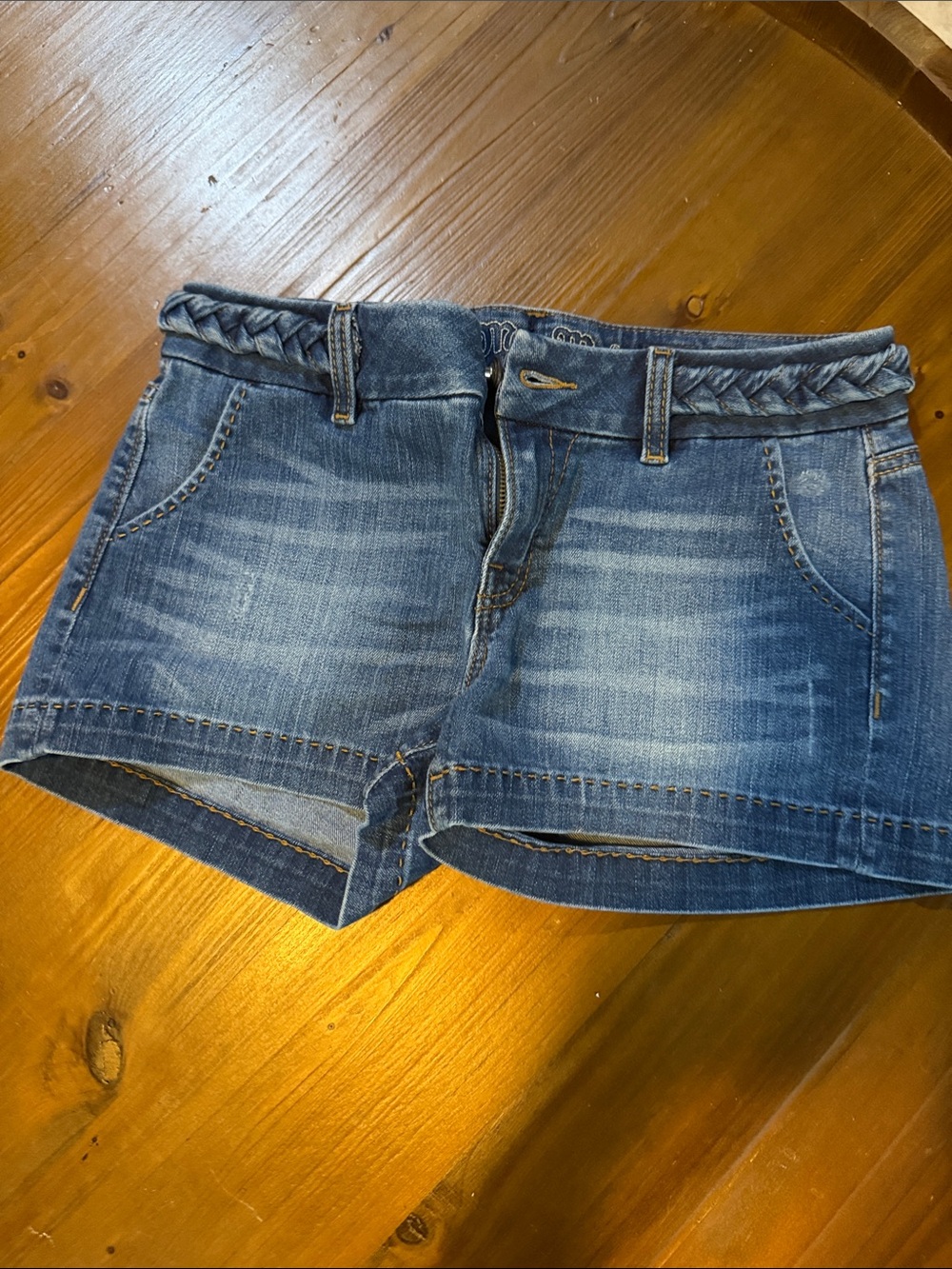 Miss Me Braided-Waist Medium Blue Denim Mid-Rise Jean Shorts